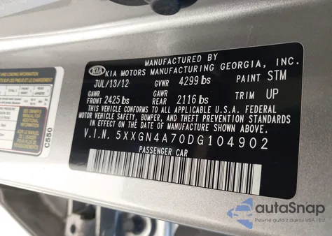 2013 Kia Optima Ex from USA, damaged, VIN 5XXGN4A70DG104902